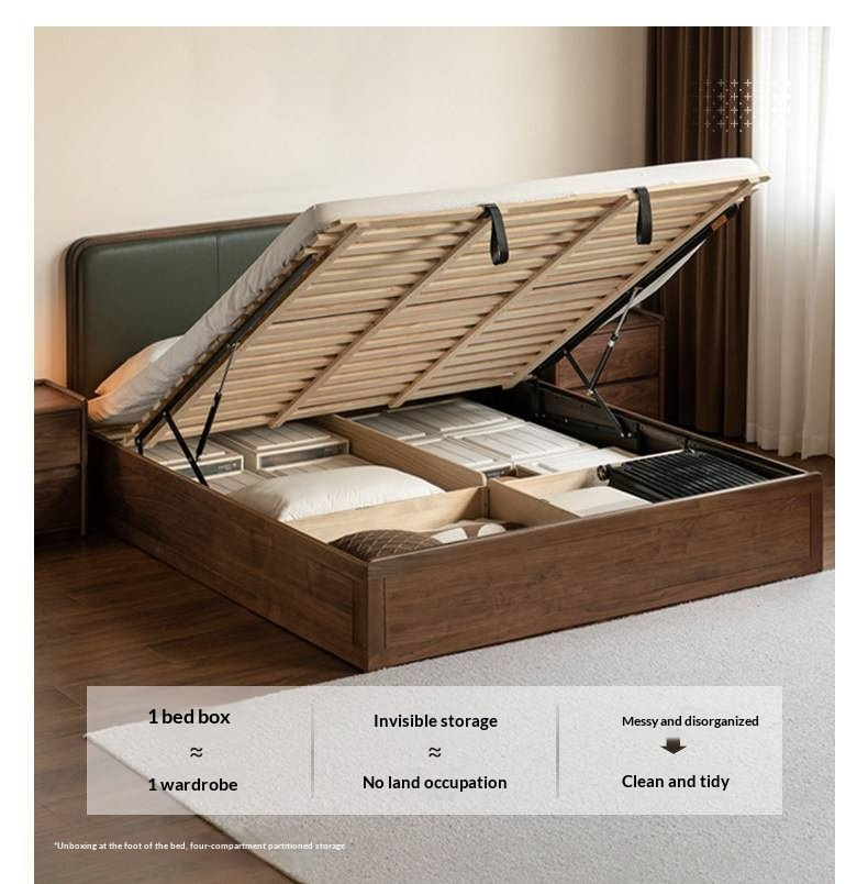 Black Walnut Solid Wood Box Bed — Soft Headboard, Italian Light Luxury Genuine Leather Bed