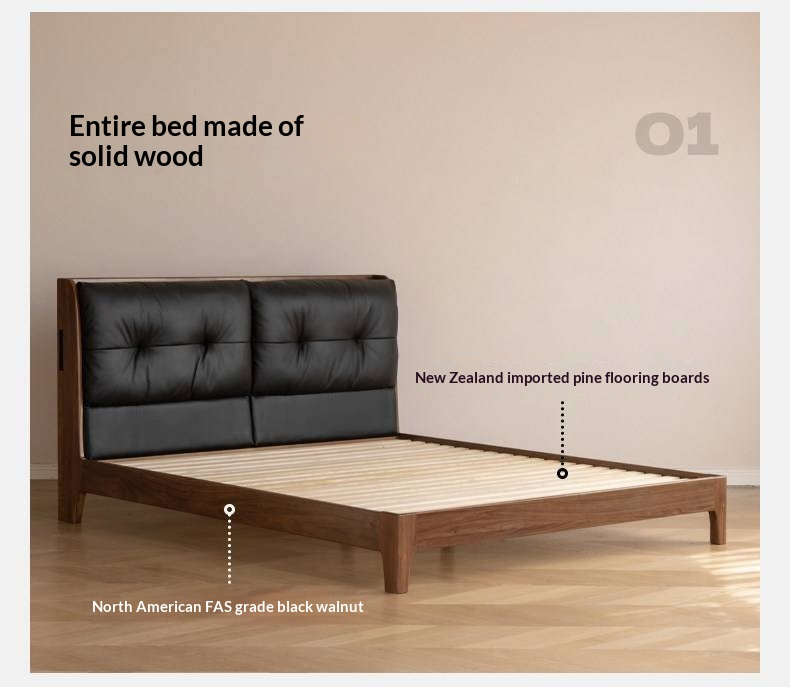 Black Walnut, Sandalwood Solid Wood Bed — Genuine Leather Upholstered, Simple Luxury Design