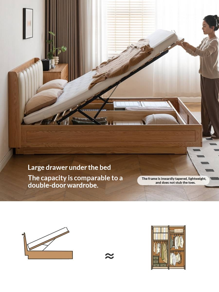 Oak Solid Wood Box Bed — Suspension and Upholstered with Genuine Leather Piano Key Design