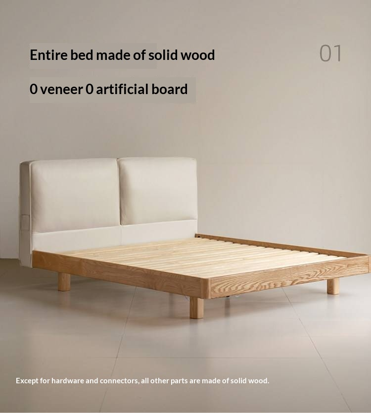 Ash Solid Wood Floating Bed — Modern Minimalist, Genuine Leather Upholstery