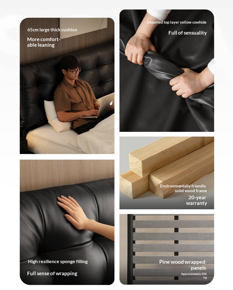 Genuine Leather Upholstered Double Bed in Solid Wood Frame