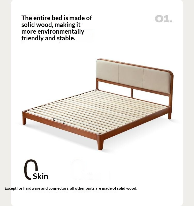 Poplar Solid Wood Bed — Vintage Style with Soft Backrest, Genuine Leather and Edge Finish