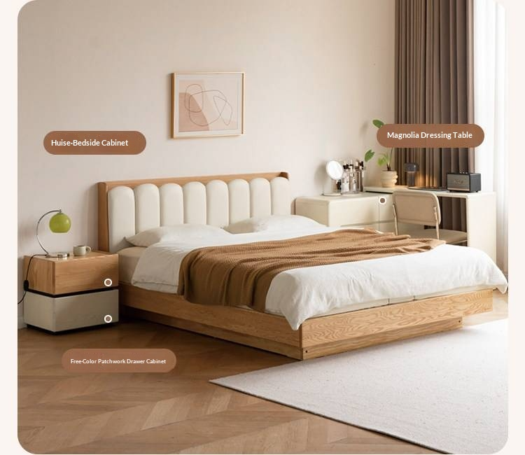 Oak Solid Wood Box Bed — Suspension and Upholstered with Genuine Leather Piano Key Design