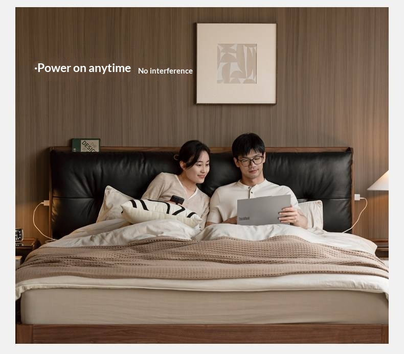 Black Walnut, Sandalwood Solid Wood Bed — Genuine Leather Upholstered, Simple Luxury Design