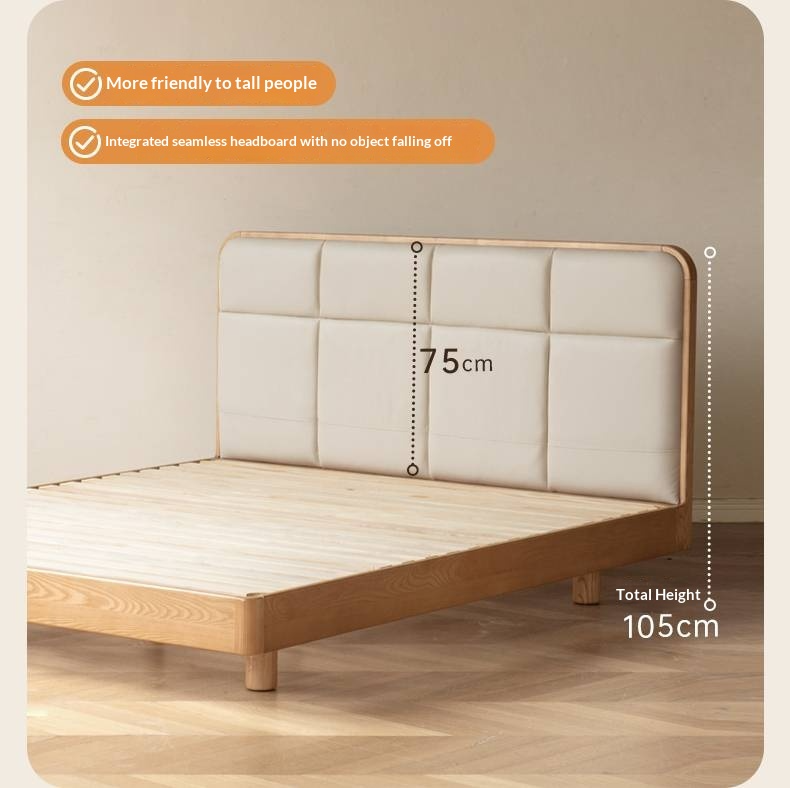 Ash Solid Wood Bed with Top Grain Cowhide Upholstery in Modern Minimalist Style