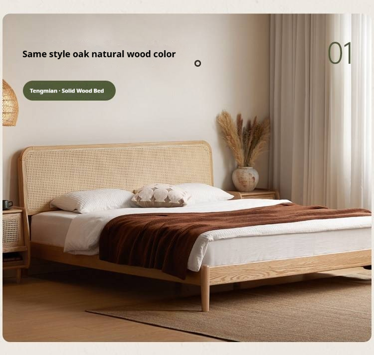 Oak Solid Wood Bed — Black Slab Rattan Vintage Style Bed