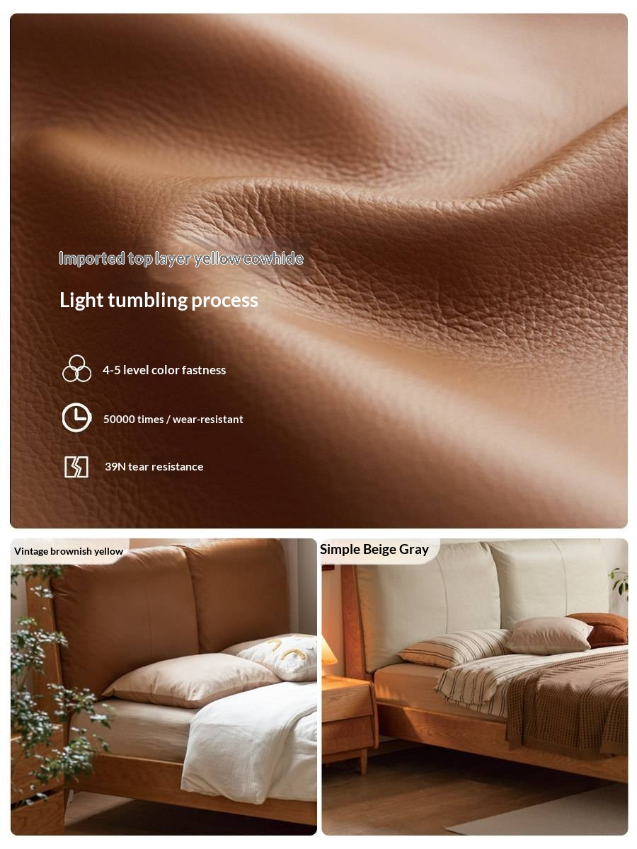 Cherry Solid Wood Bed — Retro Style with Genuine Leather Upholstery