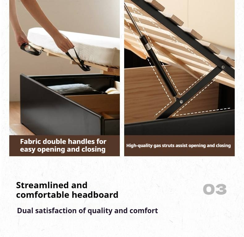 Rubberwood Solid Wood Box Bed — Modern Minimalist Black Upholstered Bed with Storage and Genuine Leather