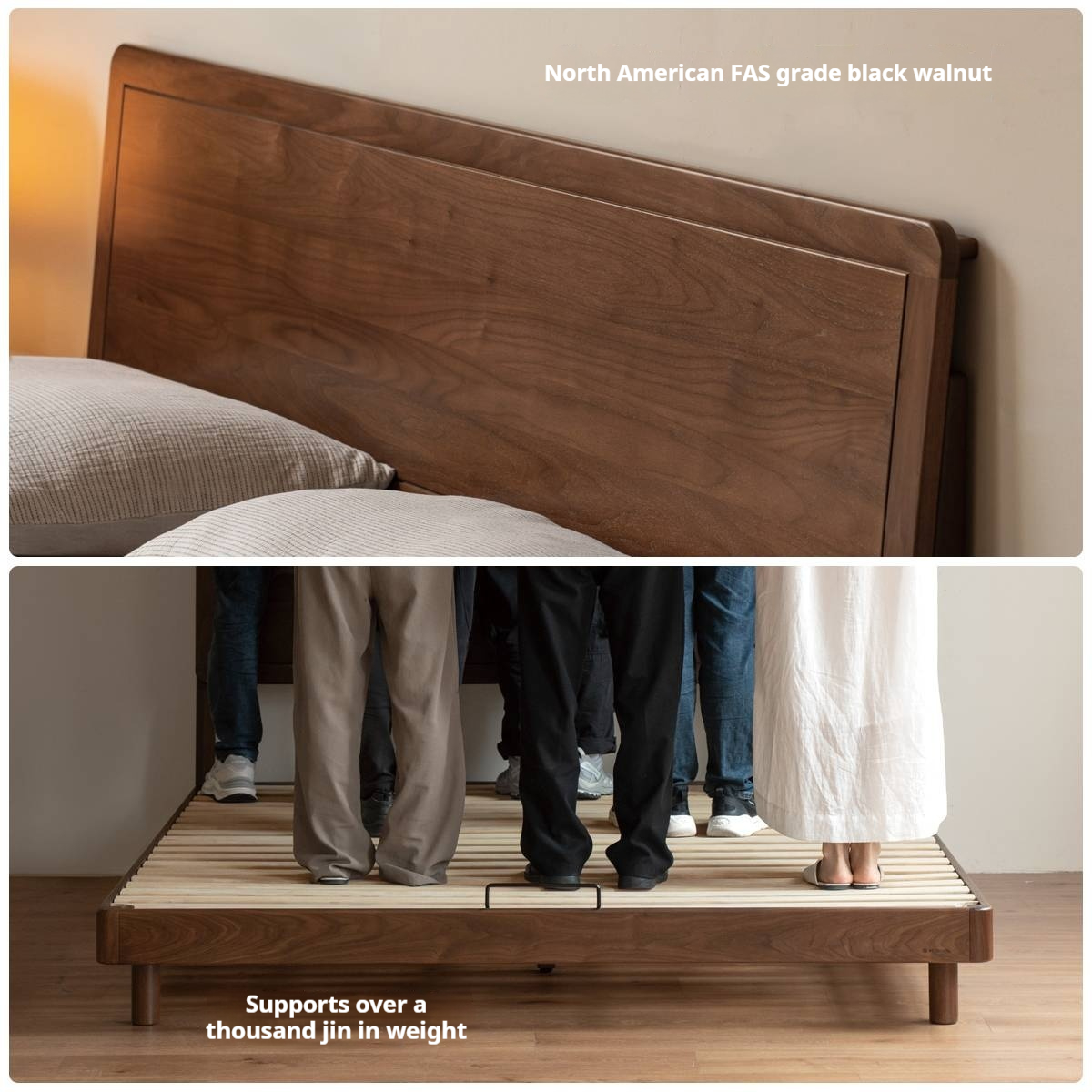 Black Walnut Solid Wood Bed — Modern Minimalist Large Slab Bed