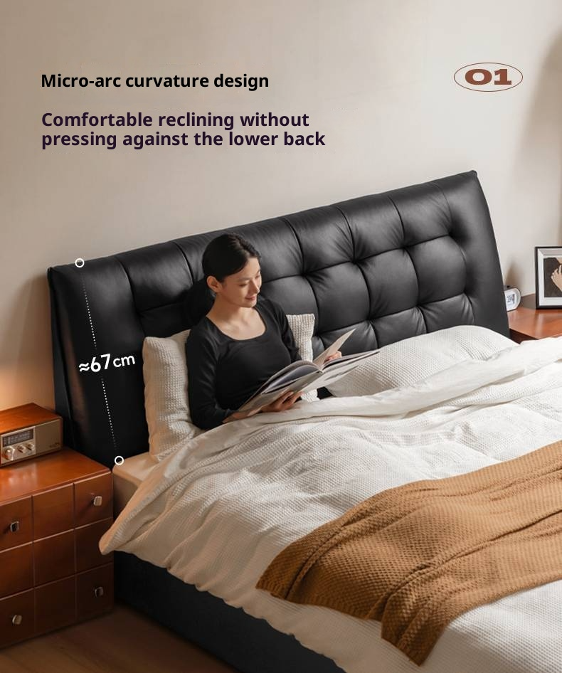 Genuine Leather Black Light Luxury Soft Box Bed