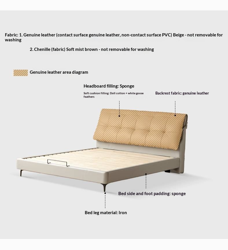 Genuine Leather Italian Light Luxury White Soft Headboard Bed