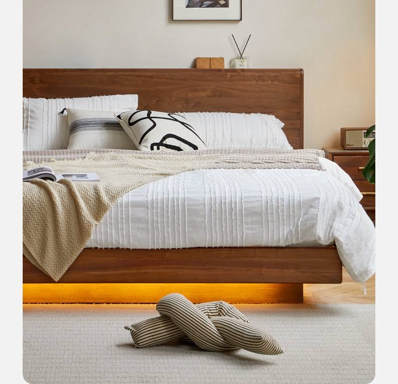 Black Walnut, Sandalwood Solid Wood Box Bed — Luxury Floating Bed with Glow-in-the-Dark Features