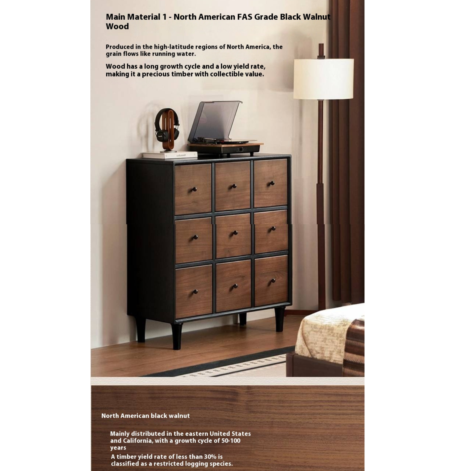 Black Walnut Solid Wood Italian Light Luxury Nine Drawer Drawer Cabinet