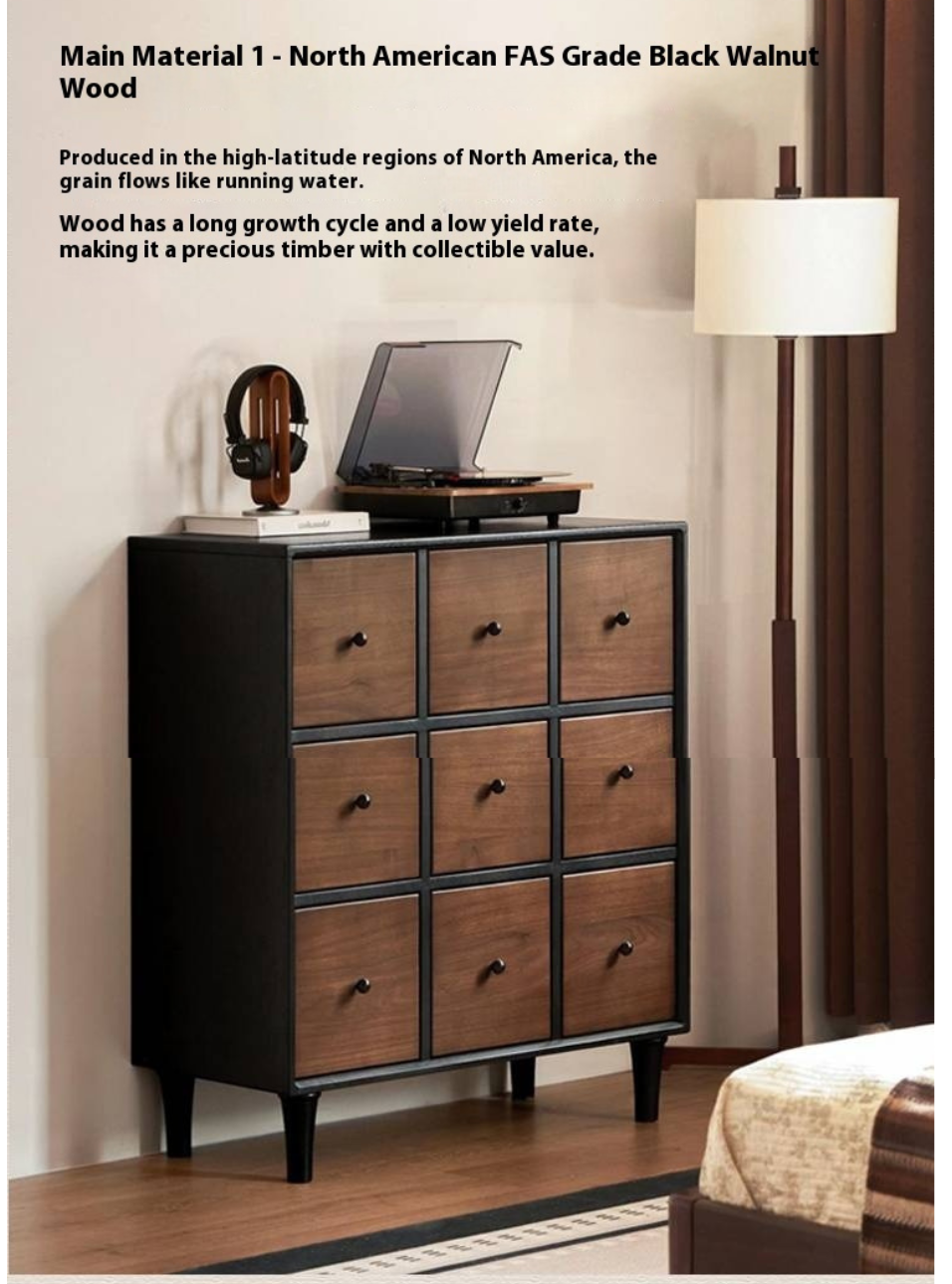 Black Walnut Solid Wood Italian Light Luxury Nine Drawer Drawer Cabinet