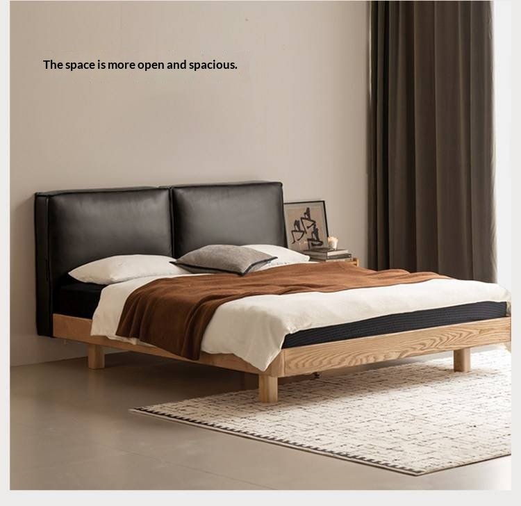 Ash Solid Wood Floating Bed — Modern Minimalist, Genuine Leather Upholstery