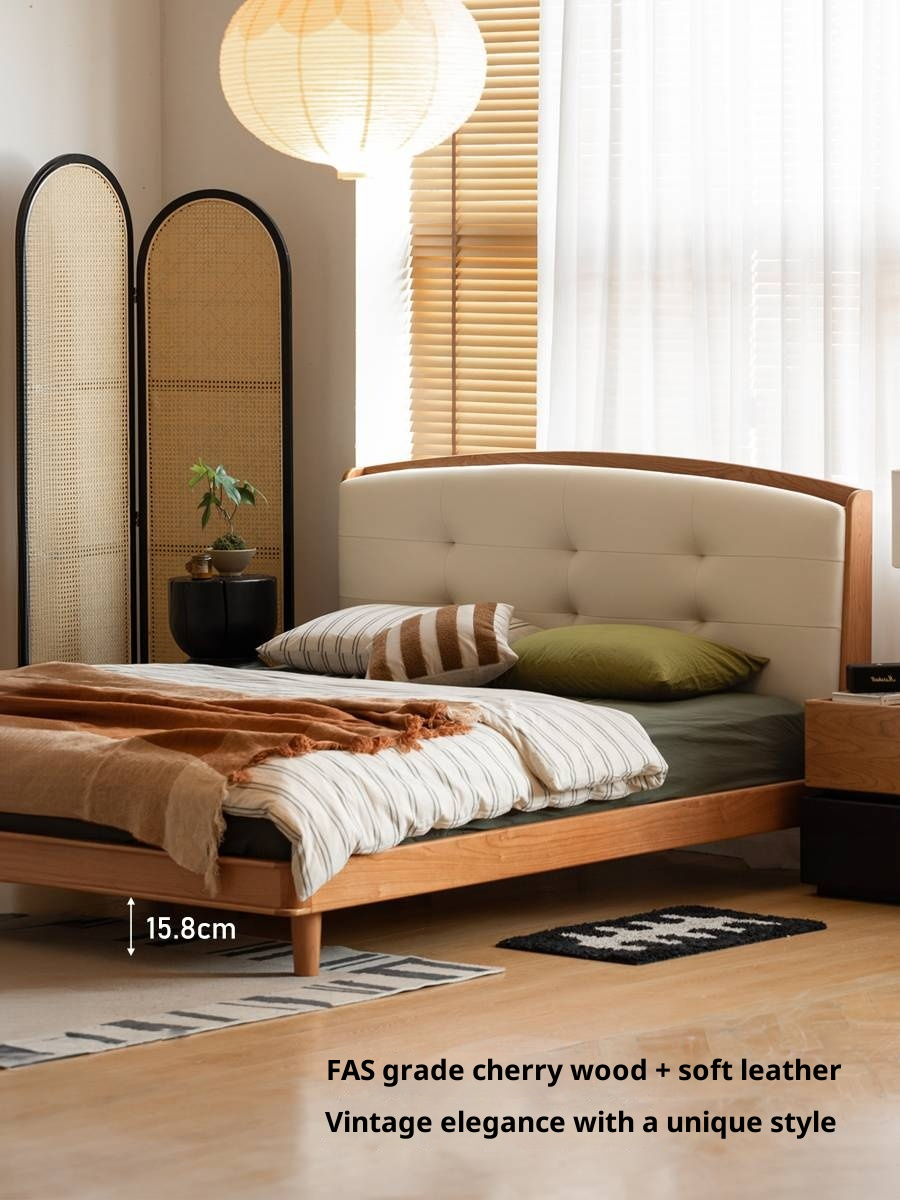 Cherry, Pine, Beech Solid Wood Bed Retro Vintage