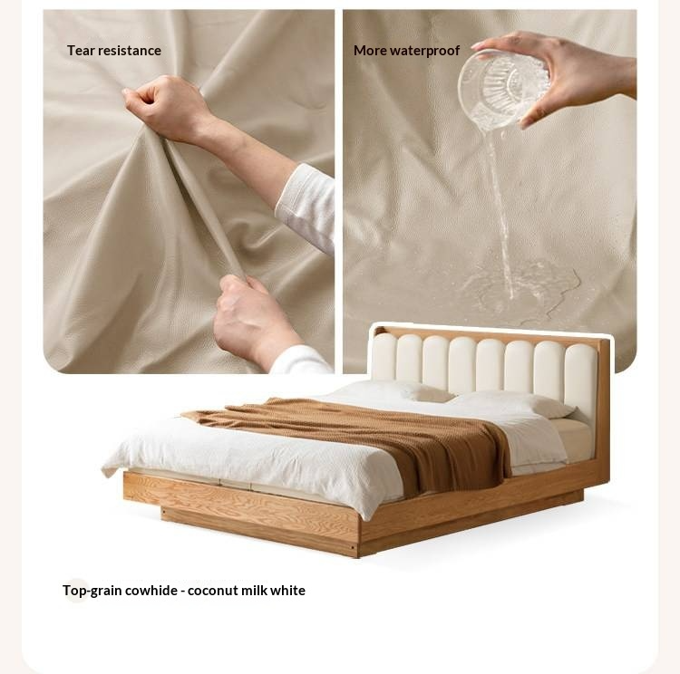 Oak Solid Wood Box Bed — Suspension and Upholstered with Genuine Leather Piano Key Design