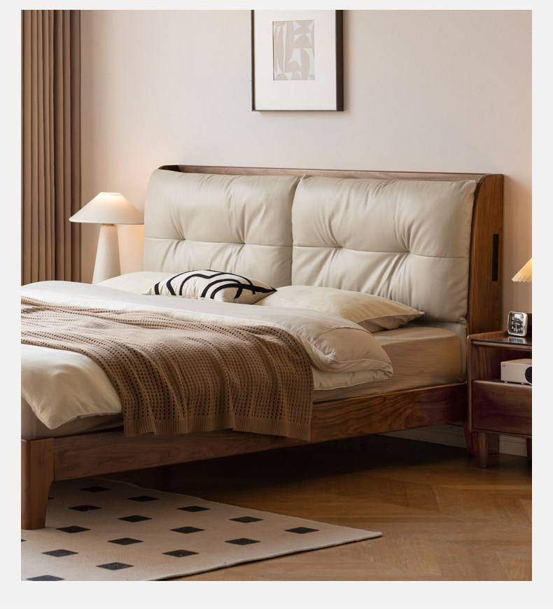 Black Walnut, Sandalwood Solid Wood Bed — Genuine Leather Upholstered, Simple Luxury Design