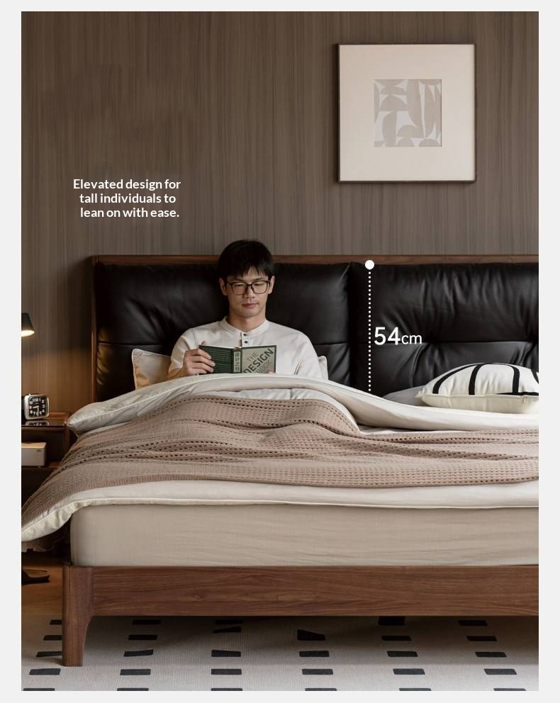 Black Walnut, Sandalwood Solid Wood Bed — Genuine Leather Upholstered, Simple Luxury Design