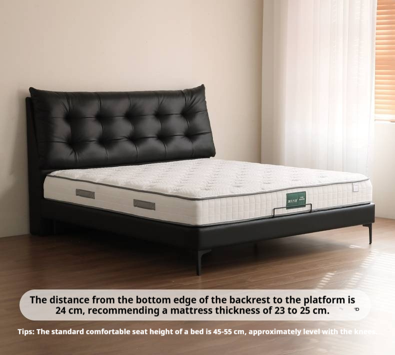 Genuine Leather Upholstered Double Bed in Solid Wood Frame