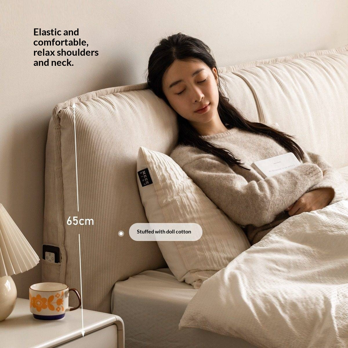 Oak Solid Wood Bed — Cream Style Upholstered Suspended Luminous Bed