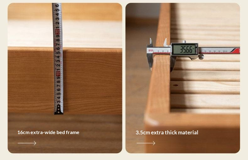 Cherry Solid Wood Bed — Retro Style with Genuine Leather Upholstery