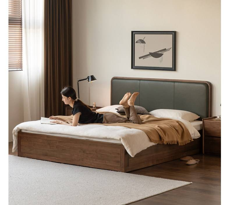 Black Walnut Solid Wood Box Bed — Soft Headboard, Italian Light Luxury Genuine Leather Bed