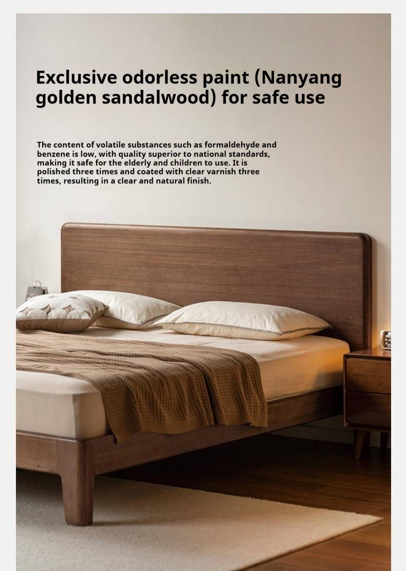 Black Walnut, Sandalwood Solid Wood Bed — Genuine Leather Upholstered, Simple Luxury Design