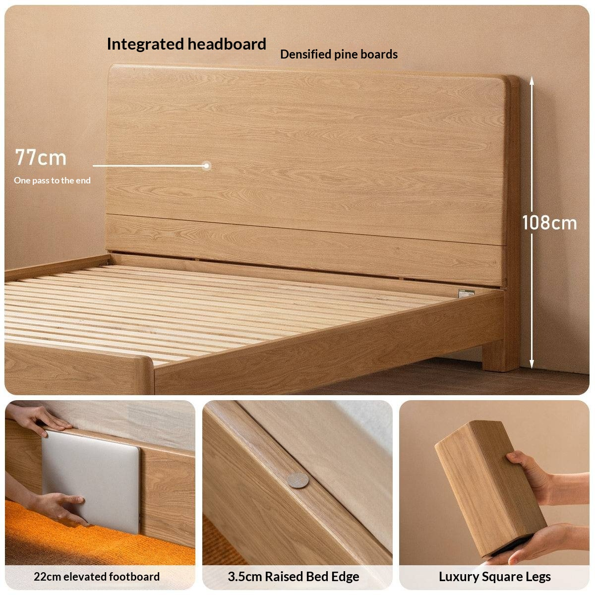Ash Solid Wood Bed — Modern Minimalist Large Slab Design with Luminous Features