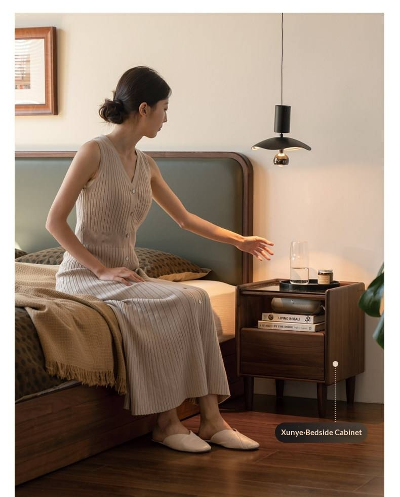 Black Walnut Solid Wood Box Bed — Soft Headboard, Italian Light Luxury Genuine Leather Bed