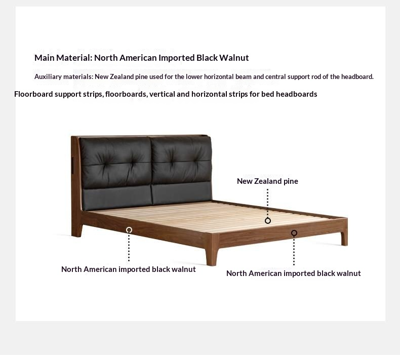 Black Walnut, Sandalwood Solid Wood Bed — Genuine Leather Upholstered, Simple Luxury Design