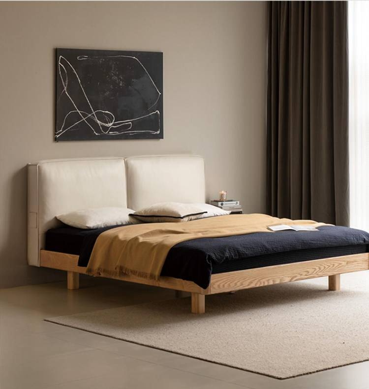 Ash Solid Wood Floating Bed — Modern Minimalist, Genuine Leather Upholstery