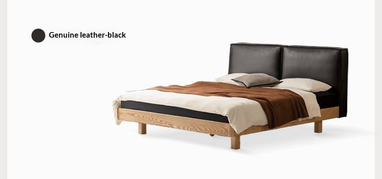Ash Solid Wood Floating Bed — Modern Minimalist, Genuine Leather Upholstery