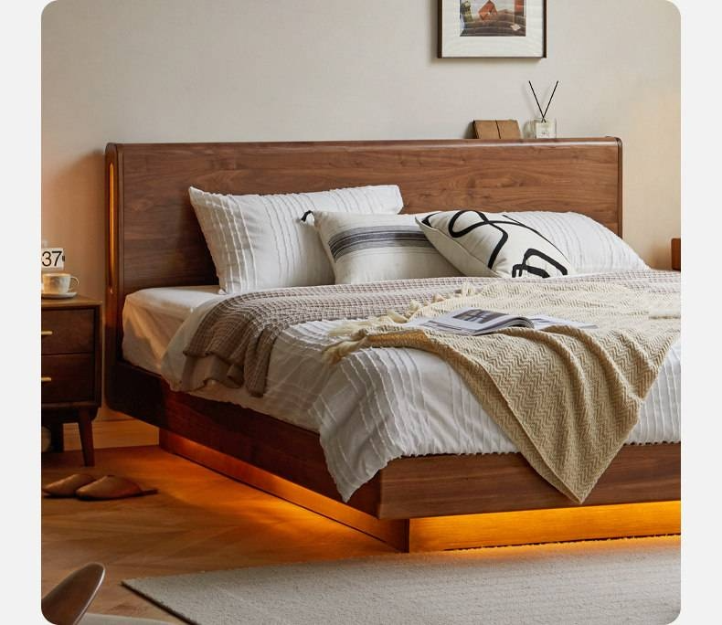 Black Walnut, Sandalwood Solid Wood Box Bed — Luxury Floating Bed with Glow-in-the-Dark Features
