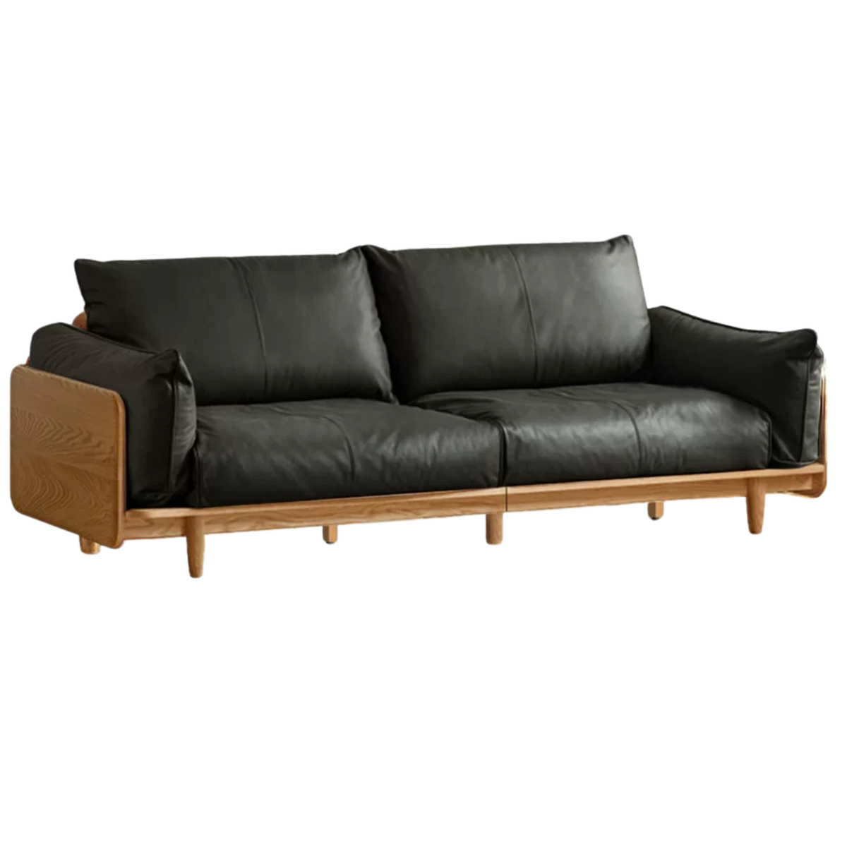 Oak, Ash Solid Wood Sofa with Exposed Wide Arms, High-Back, Genuine leather -fabric