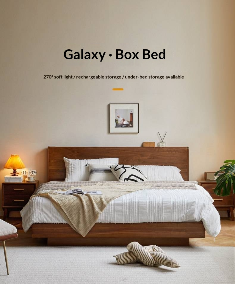 Black Walnut, Sandalwood Solid Wood Box Bed — Luxury Floating Bed with Glow-in-the-Dark Features