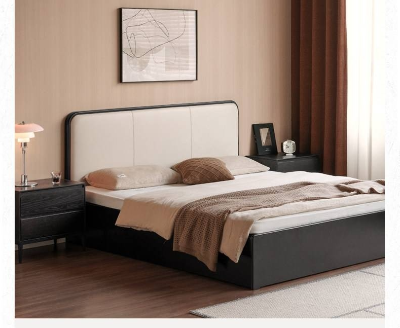 Rubberwood Solid Wood Box Bed — Modern Minimalist Black Upholstered Bed with Storage and Genuine Leather