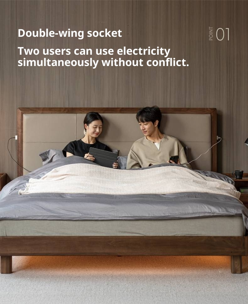 Black Walnut, Oak Solid Wood Italian Light Luxury Genuine Leather Soft Headboard Luminous Bed