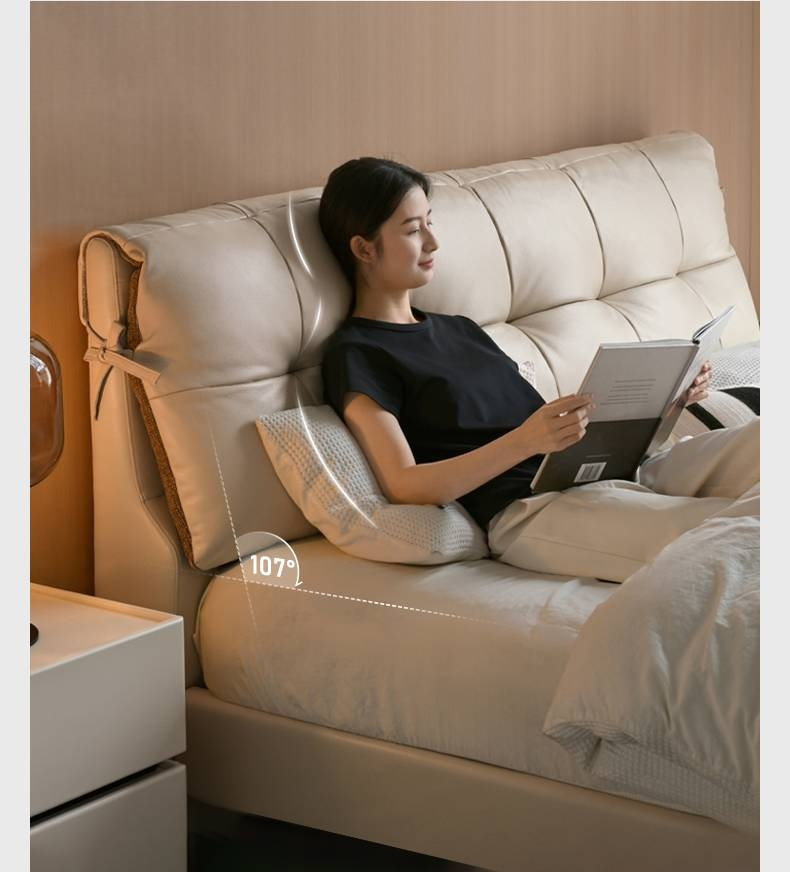 Genuine Leather Italian Light Luxury White Soft Headboard Bed