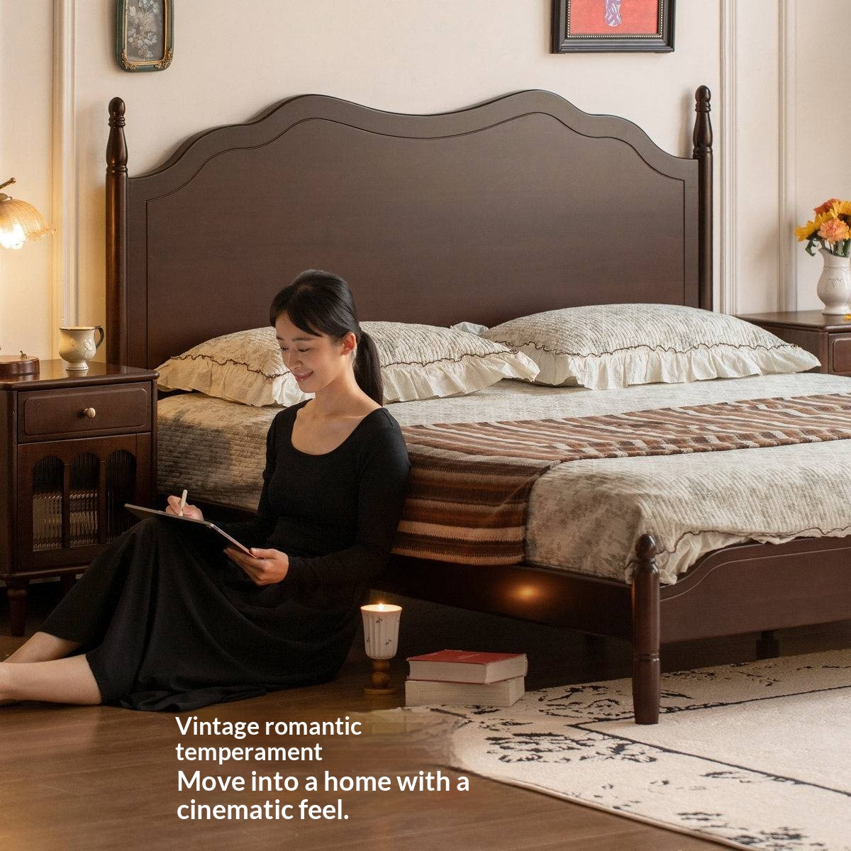 Poplar Solid Wood Bed — French Retro Style with Mid-Fashion Design