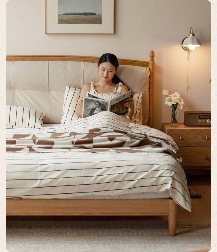 Oak Solid Wood Bed — Modern Minimalist with Genuine Leather and Soft Headboard