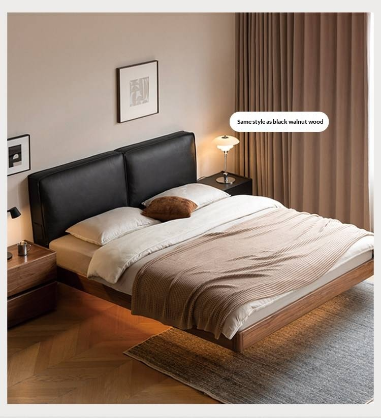 Ash Solid Wood Floating Bed — Modern Minimalist, Genuine Leather Upholstery