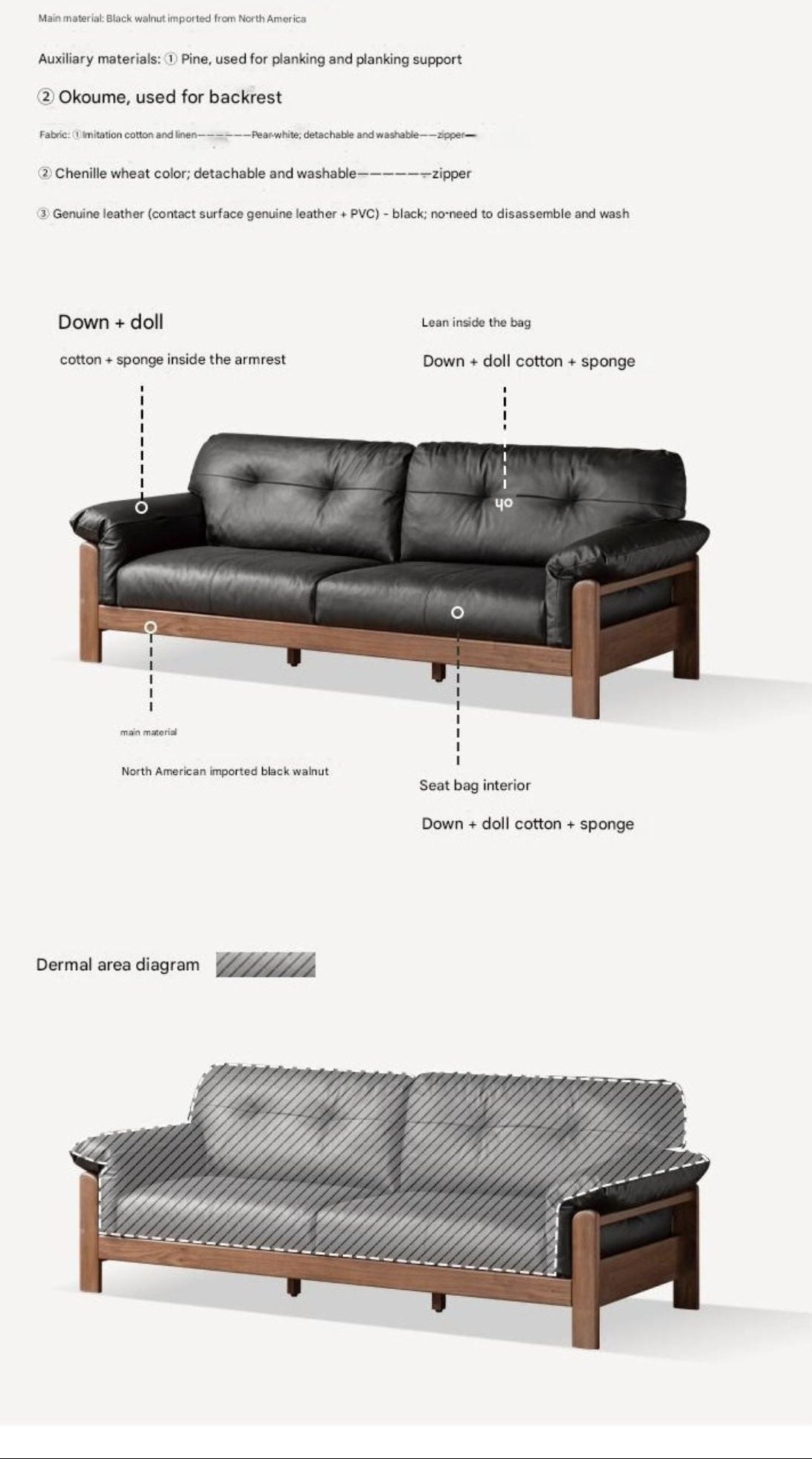Black Walnut, Ash Solid Wood Genuine Leather, fabric Exposed Frame Sofa with Tufted Cushions