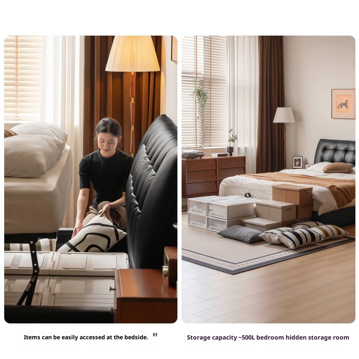 Genuine Leather Black Light Luxury Soft Box Bed