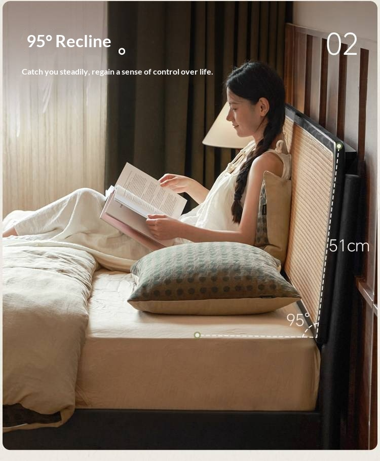 Oak Solid Wood Bed — Black Slab Rattan Vintage Style Bed