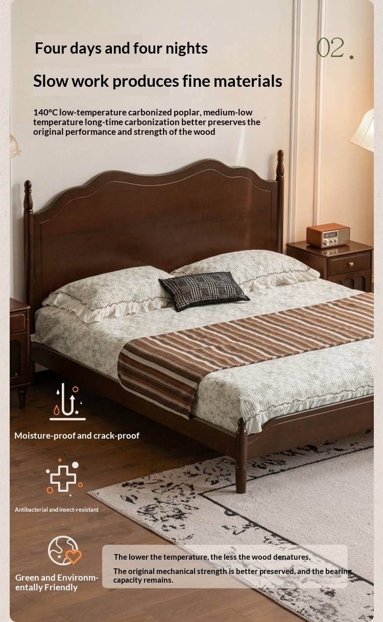 Poplar Solid Wood Bed — French Retro Style with Mid-Fashion Design