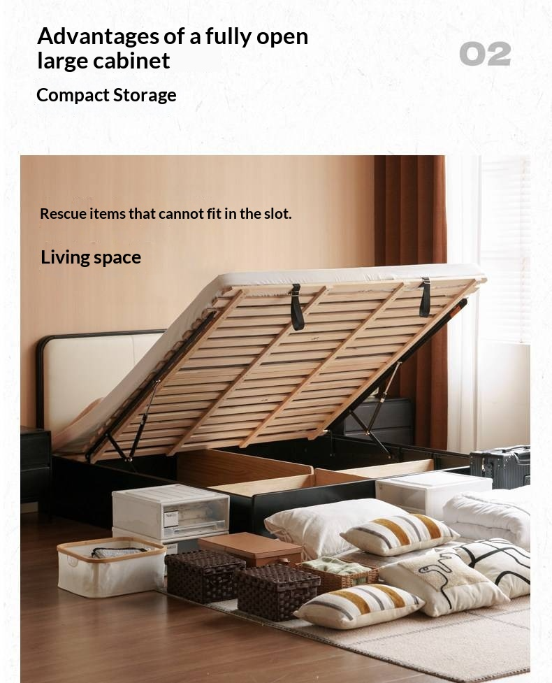 Rubberwood Solid Wood Box Bed — Modern Minimalist Black Upholstered Bed with Storage and Genuine Leather