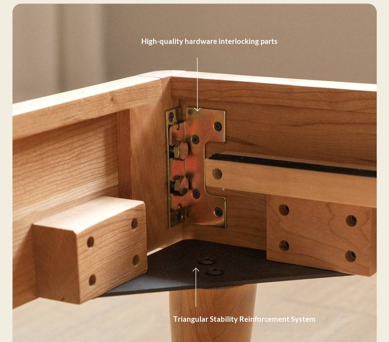 Cherry Solid Wood Bed — Retro Style with Genuine Leather Upholstery