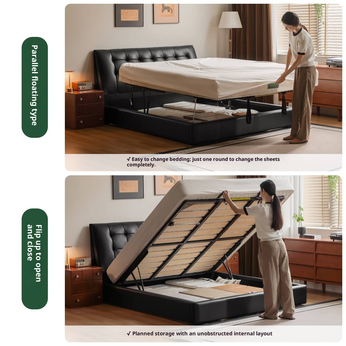 Genuine Leather Black Light Luxury Soft Box Bed