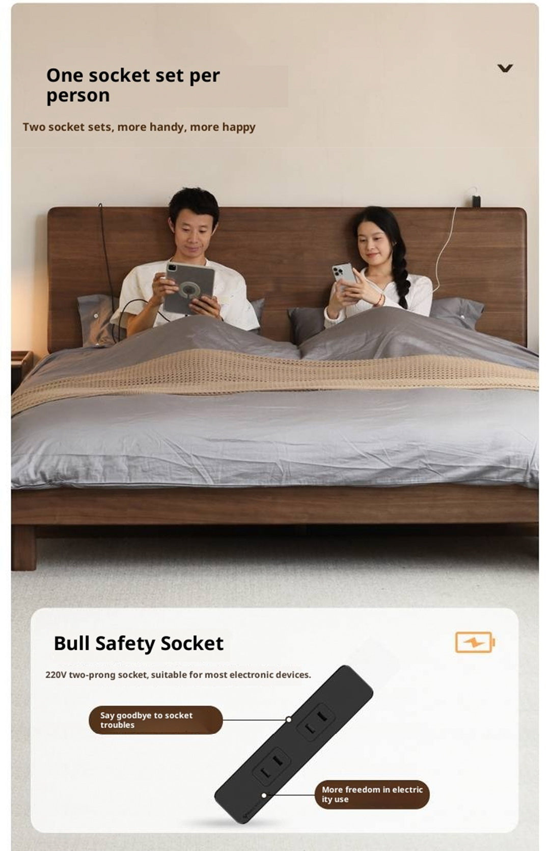 Black Walnut, Teak Solid Wood Bed with High Headboard